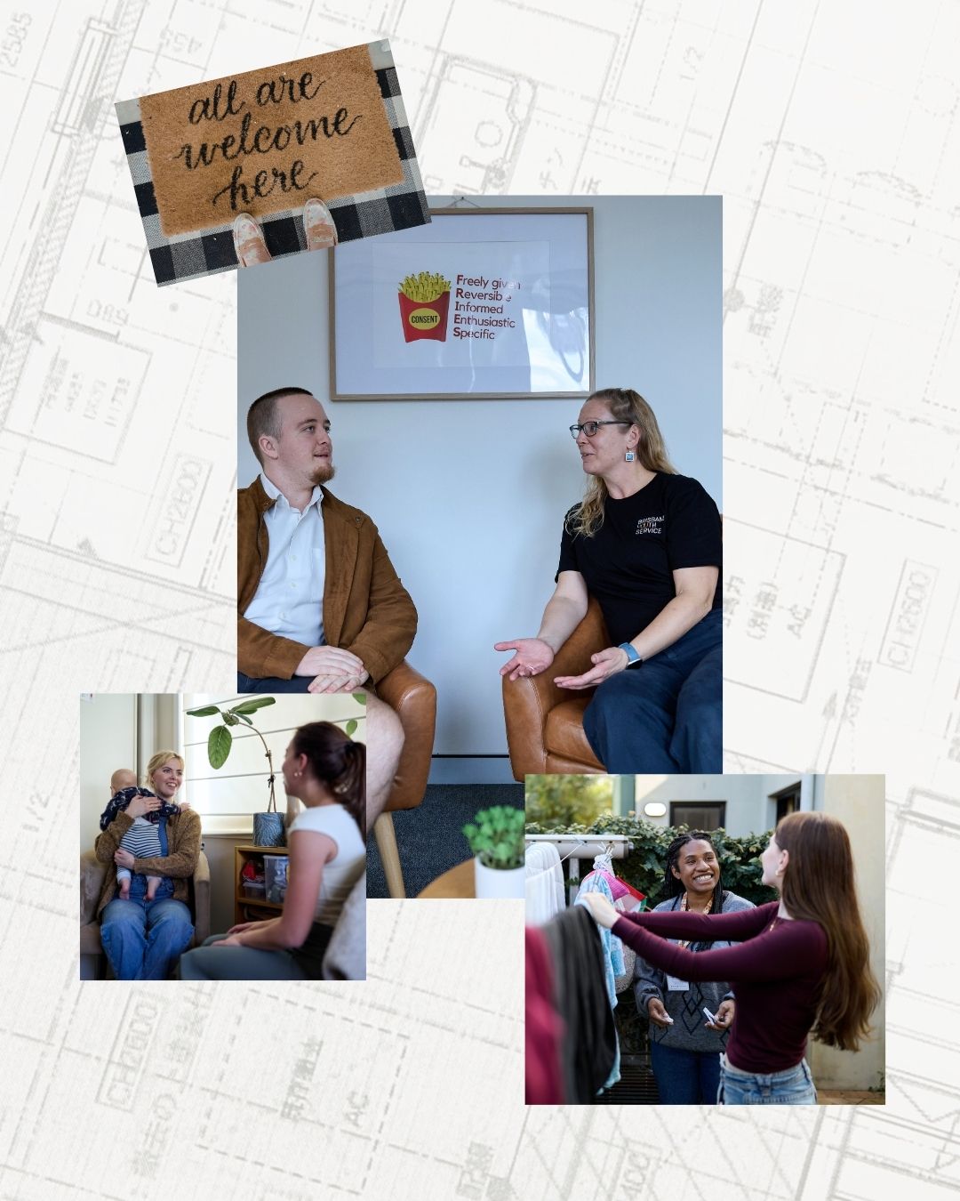 Young people supported by Brisbane Youth Service; a sign that says all are welcome here