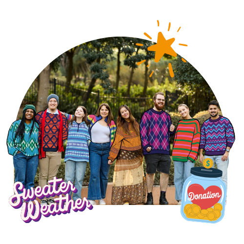 Group of eight people wearing daggy jumpers