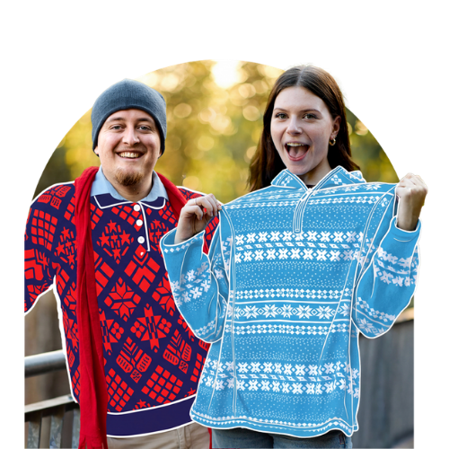 Tow young people wearing daggy jumpers and smiling