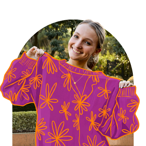 Young woman wearing a daggy jumper and smiling