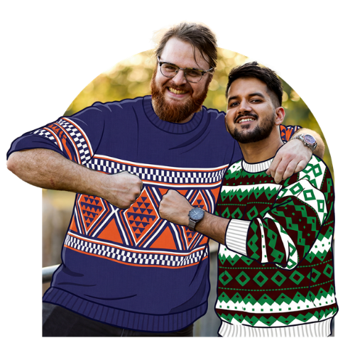 Two young men with daggy jumpers in clip art style doing a fist bump